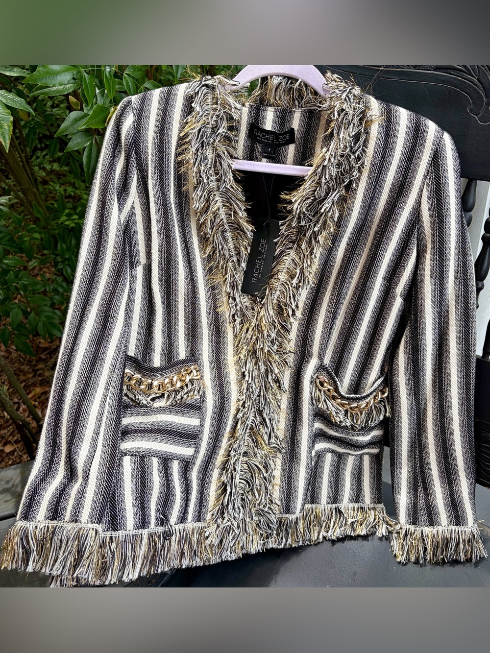 NWT RACHEAL ZOE Festive Black/White/GoldStriped Fringe Blazer - Special Occasion